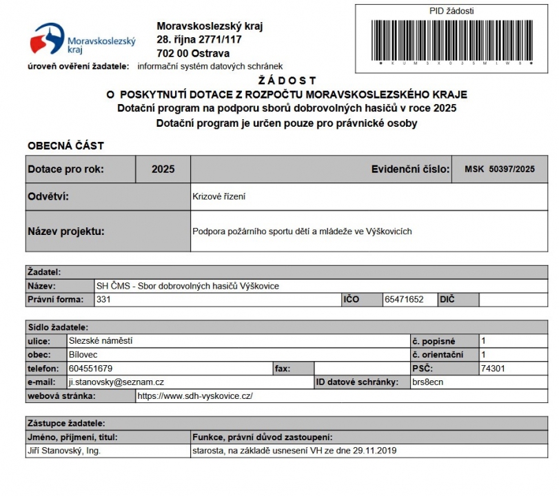 Dotace z rozpočtu Moravskoslezského kraje - program Podpora dobrovolných hasičů v roce 2025